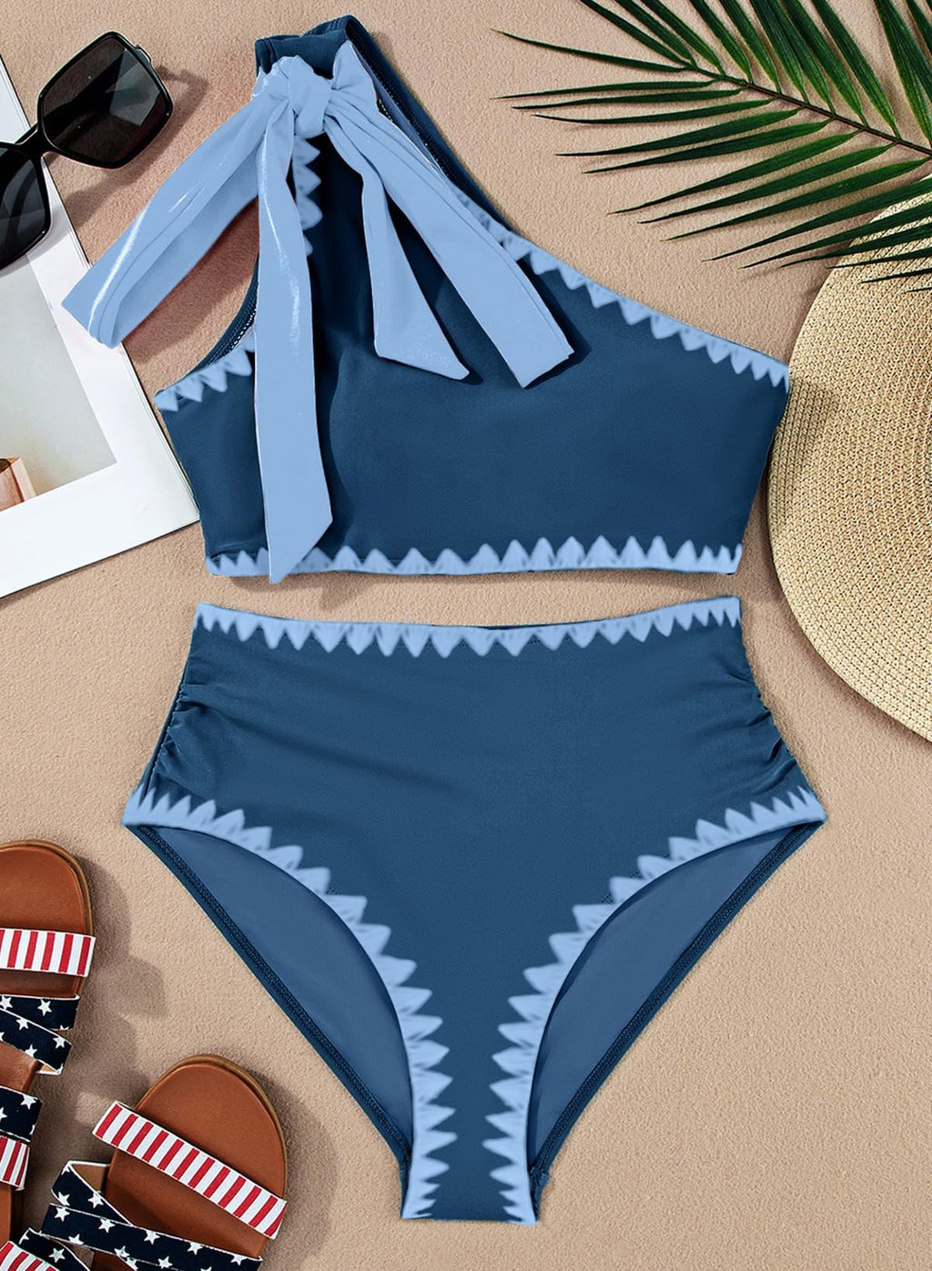 Herseas High Waisted Bikini Sets 2 Piece Swim Suits for Women One Shoulder Tie Swimsuit Wire Free Crocheted Trim Bathing Suit Blue Beach Vacation Essentails Medium