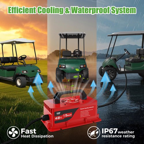10L0L 15 Amp 48 Volt Golf Cart Charger for Yamaha G19 G22 with Plug- Lightweight Smart Charging for Lead Acid Batteries, Auto-Shut Off Protection, IP67 Waterproof - Black/Red