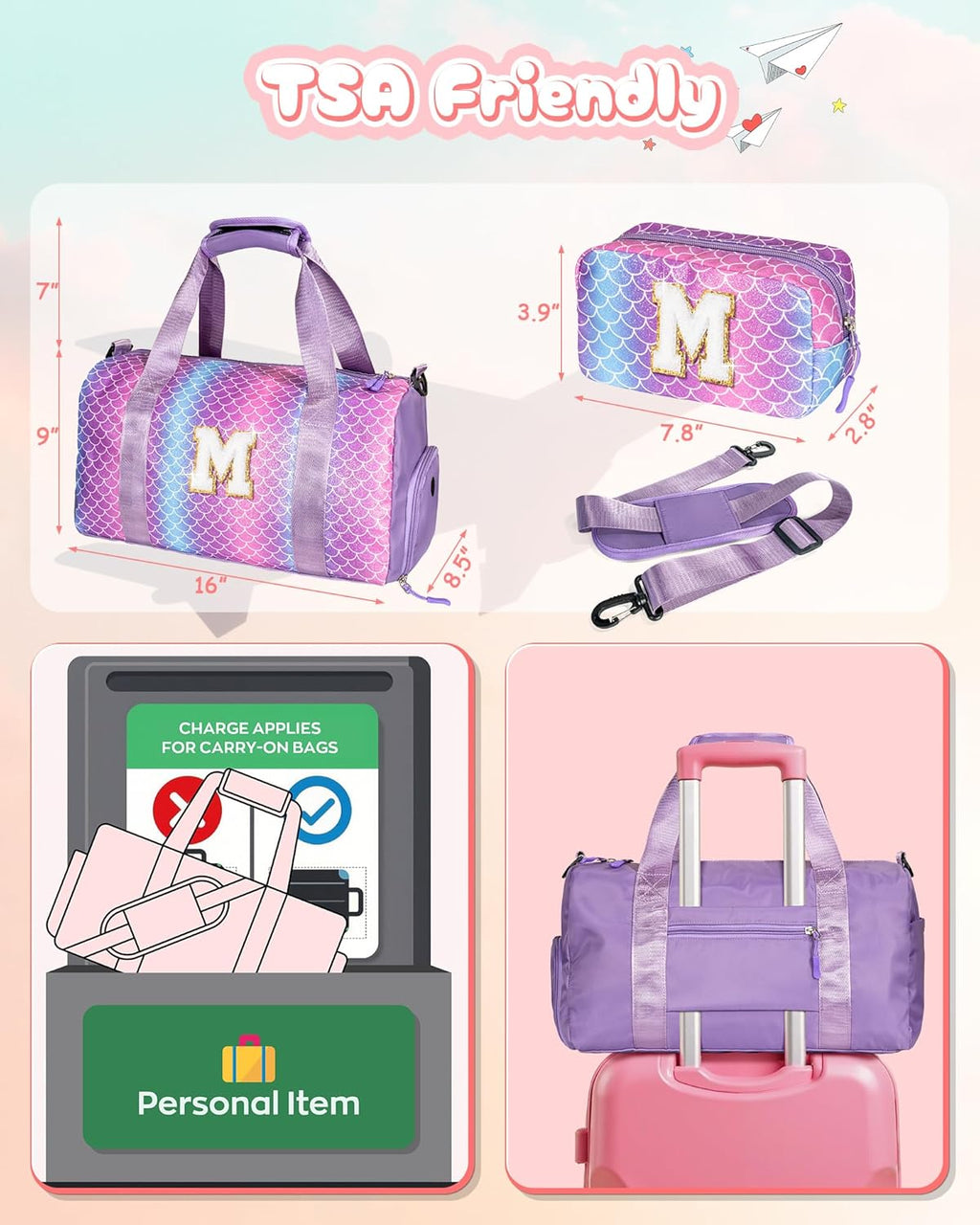 Skiennix Girl Gym Bag - Stylish Weekender Tote with Shoe Compartment & Makeup Pouch | Perfect Gift for Ages 3-12 (Letter S)