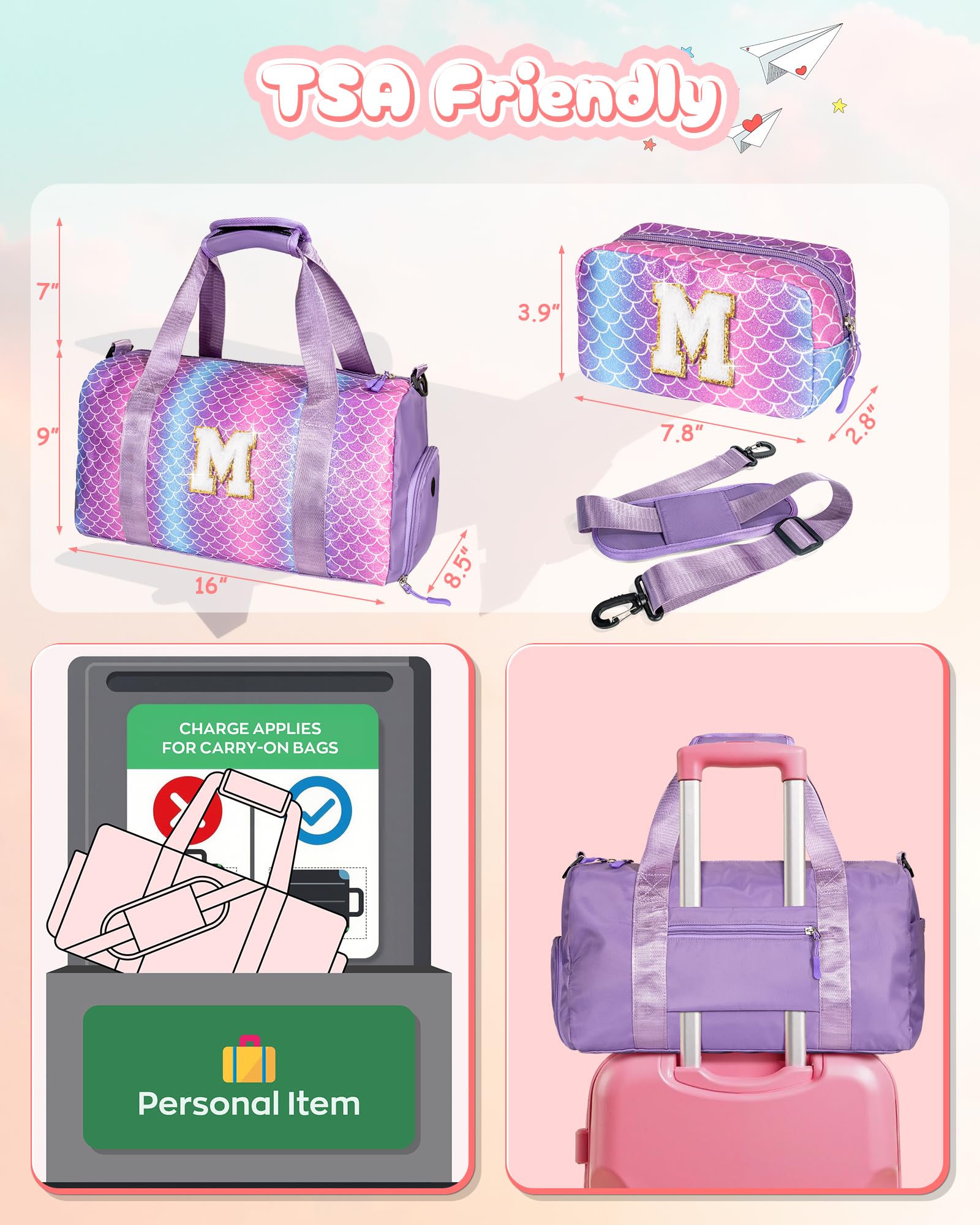 Vogewood Cool Stuff for Teen-Girl Gym Bag with Shoe Compartment, Kid Personalized Weekender Overnight Bags, Initial Travel Tote with Makeup Pouch, Gift for 7 8 9 10 11 12 Year Old Girls (Letter S)
