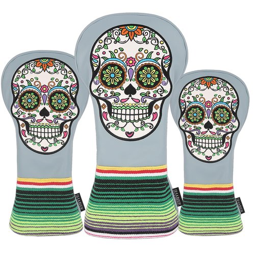 SHABIER Grey Golf Driver Headcover with Green Eyes Embroidery Sugar Skull Design for Golf Driver Club