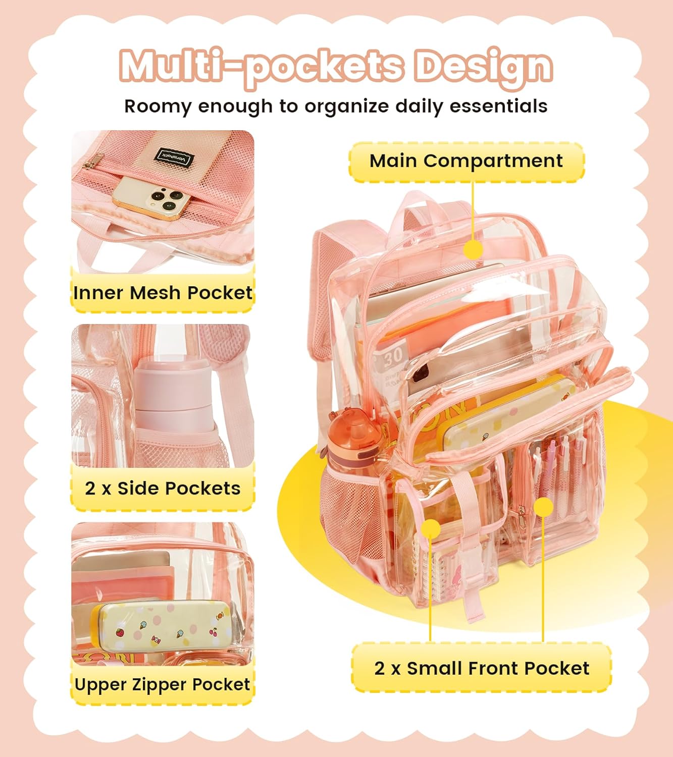 Vorspack Clear Backpack for School - Heavy Duty Transparent Bookbag for Girls Boys Extra Large See Through backpacks for Work, College, Travel - Pink