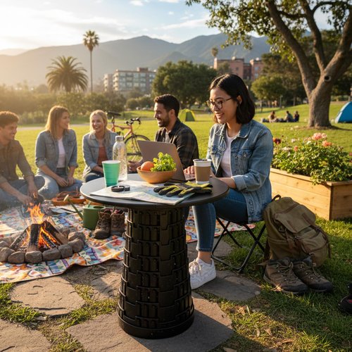 graxie Upgraded Collapsible Stool with Table Top, Portable Telescopic Seat, Folding Stool for Camping Gardening Fishing Hiking BBQ, Tabletop Diameter 19.7 inches