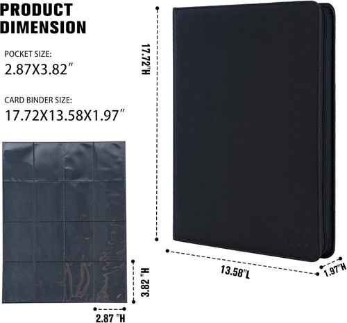 Card Binder - 16 Pocket Trading Card Holder with 44 Sleeves | Zipper Album for TCG & Sports Cards - Black