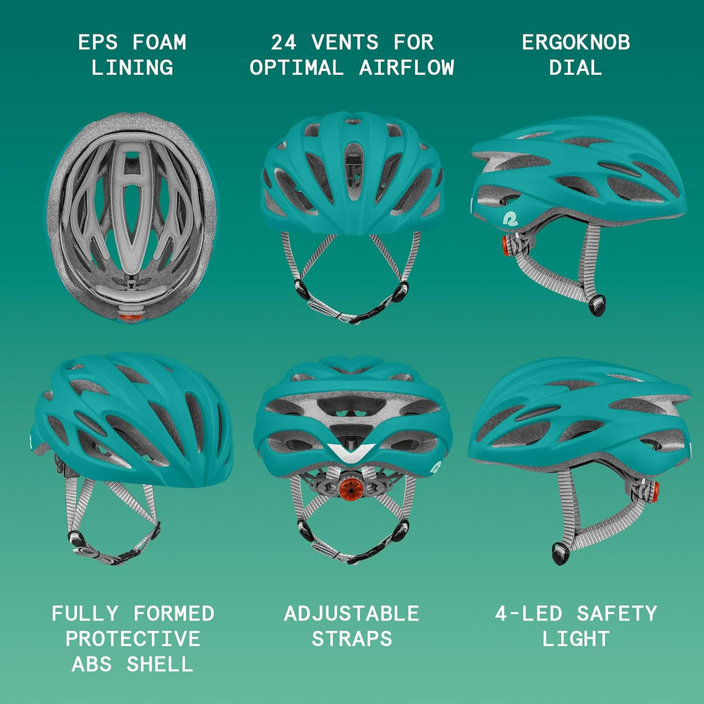 Retrospec Silas Road Bike Helmet - Lightweight & Padded with 24 Air Vents | Adjustable 54-61cm Size & LED Light