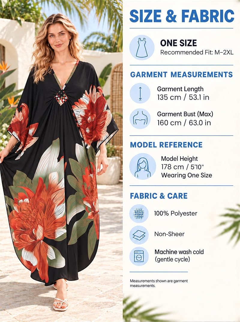 Plus Size Kaftan Dress for Women - V-Neck Batwing Beach Cover Up, Orange & Green Peony