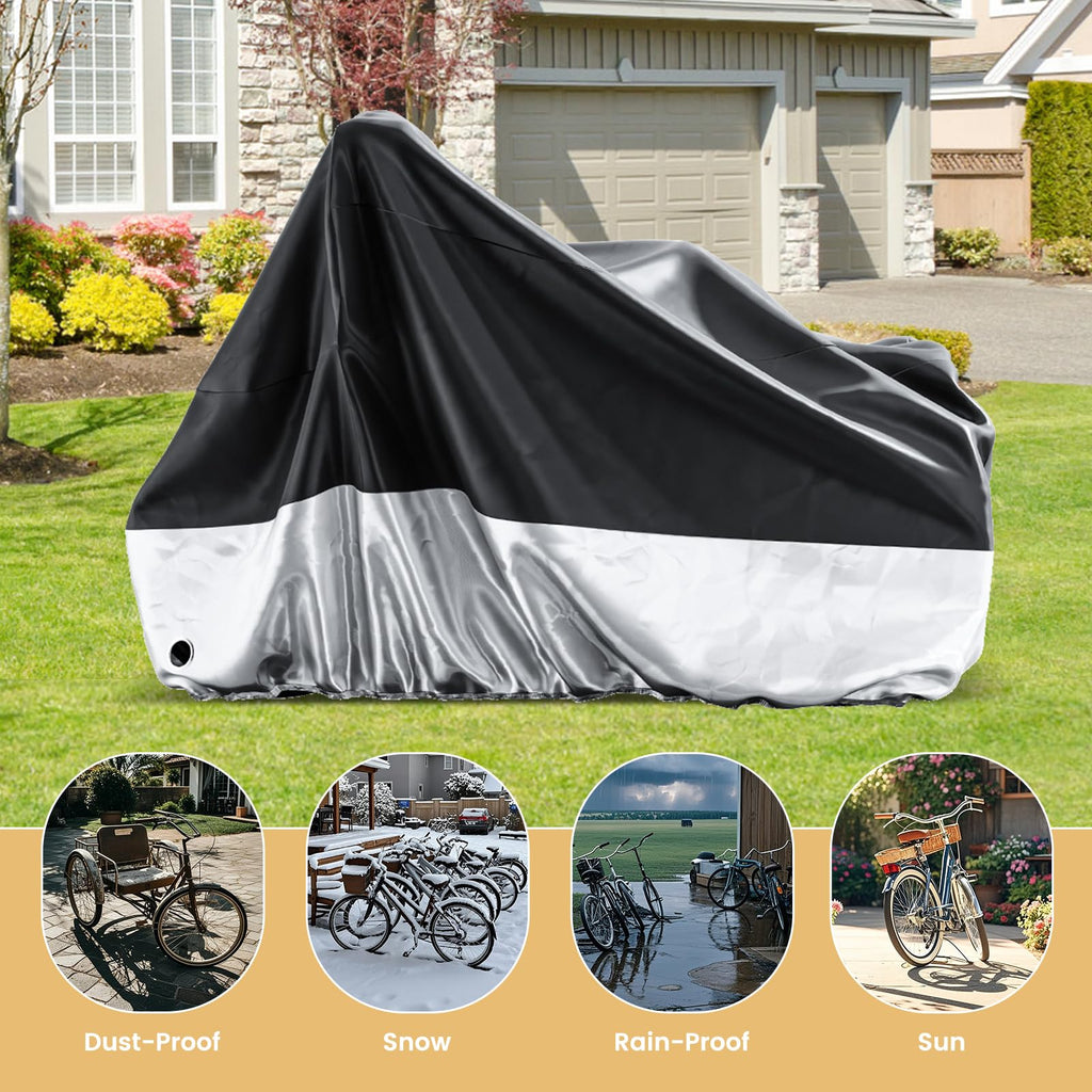 Waterproof Bike Cover for Tricycle & Bicycle, Outdoor Storage Cover with UV Protection, Lock Hole, Elastic Hem, Buckle Strap & Storage Bag, Fits Adult Trikes and Large Bikes