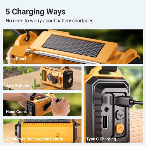 Mesqool 12000 Emergency Radio - NOAA Weather Radio with Flashlight & Phone Charger | Portable Solar Power