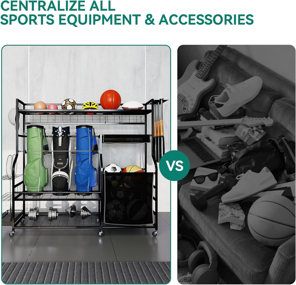 YITAHOME Sports Organizer - Multi-Functional Garage Storage Rack for Golf Gear | Holds 3 Bags & Clubs, Wheels Included