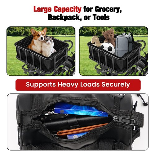T TGBROS 6-in-1 Bike Basket Rear Rack with Bike Handlebar Bag Bike Basket with Cargo Net and Liner Large Bicycle Basket Heavy Duty Bicycle Rear Basket with Liner Waterproof Cover Cargo Net