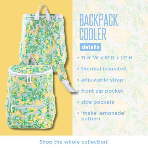 Lilly Pulitzer Insulated Backpack Cooler Large Capacity, Portable Soft Cooler Bag for Picnics, Beach, Pool, Hiking (Make Lemonade)