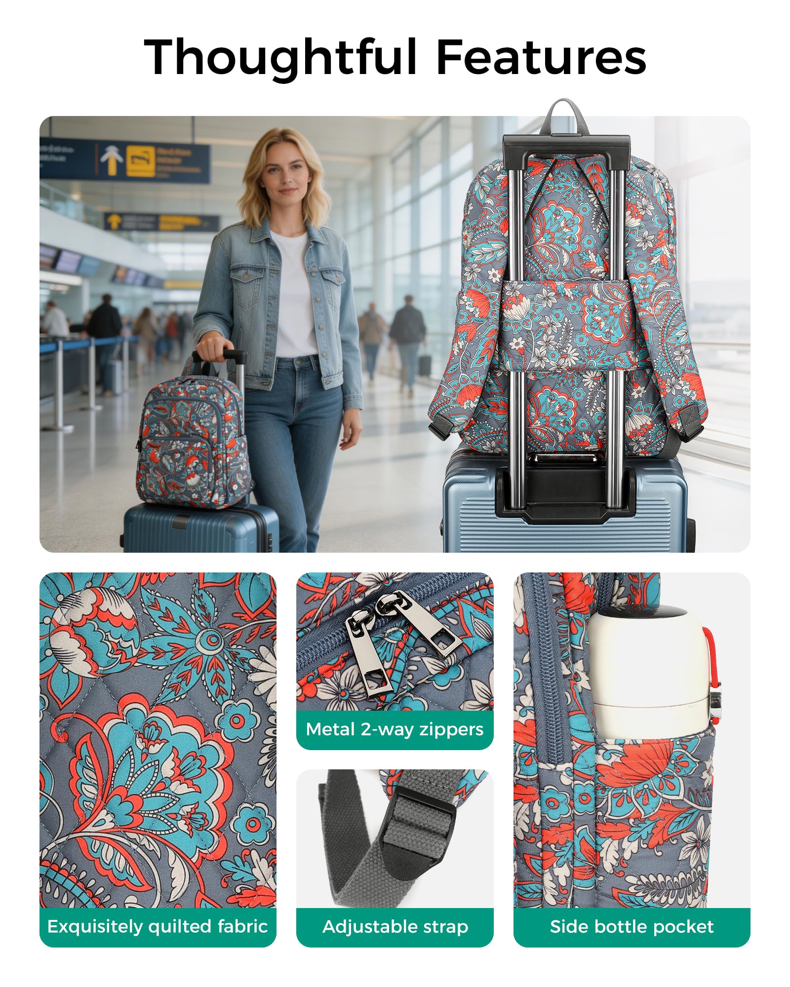 Searock Quilted Backpack for Women, Floral Backpack for Girls, Cotton Lightweight Bookbag for Travel, Work Black