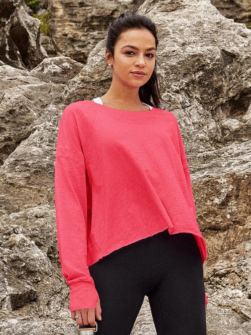 Panadila Womens Open Back Workout Top Long Sleeve Athletic Shirts Casual Crop Running Tee Y2k Yoga Trendy(Watermelon Red,S)