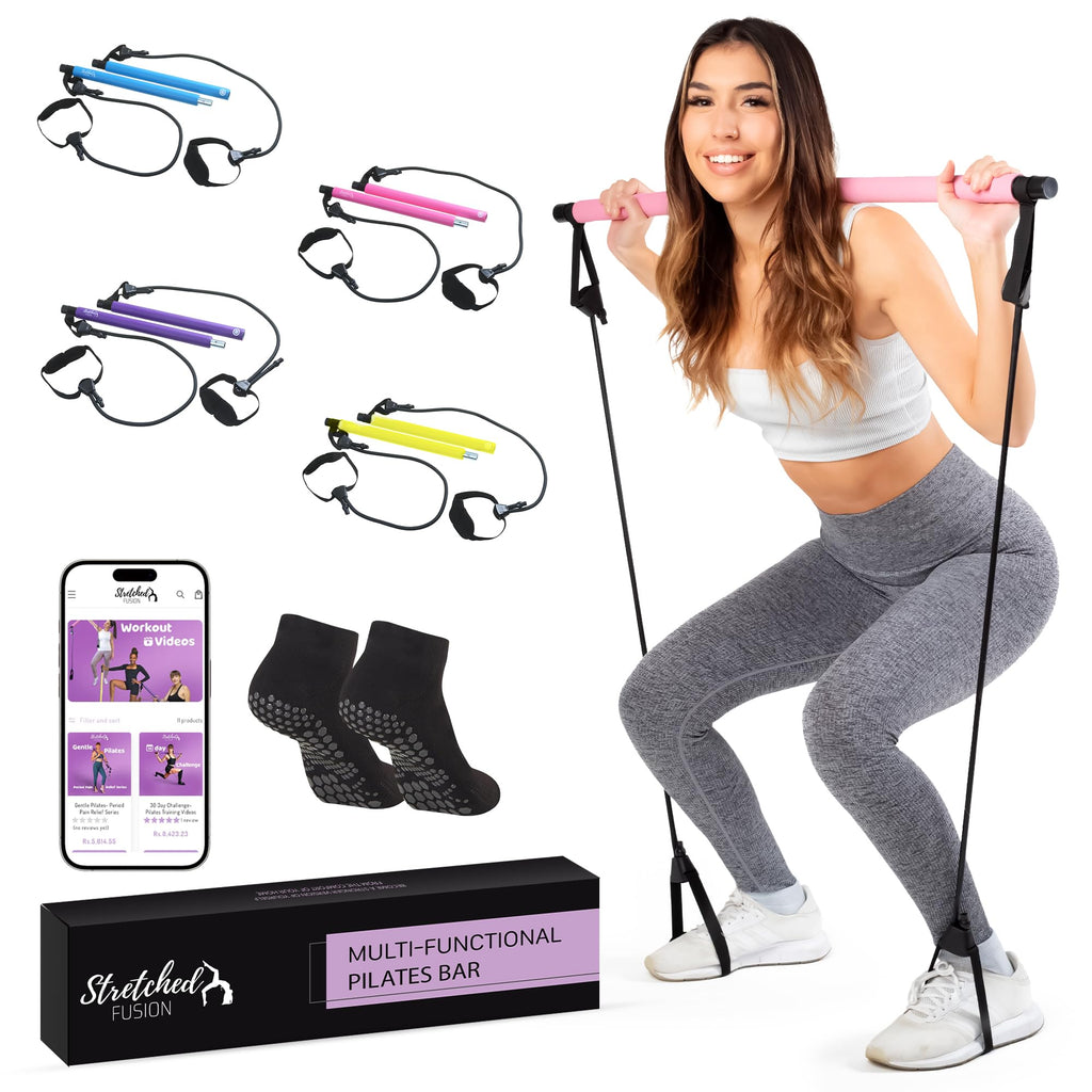 Stretched Fusion Pilates Bar Kit with Resistance Band for Home Workouts | Multifunctional Home Pilates Kit Set for Women & Men | Workout Bar for Legs, Hip, Waist and Arm, Includes 3 Bonuses