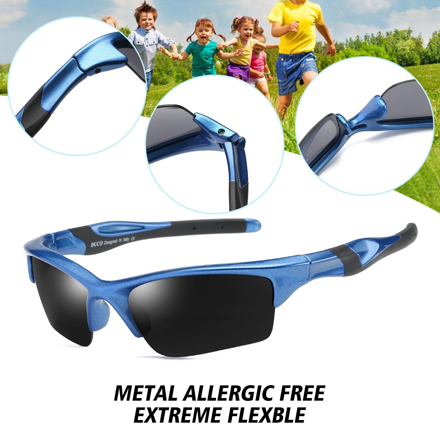 DUCO Little Kids Sunglasses Age 4-7 Unbreakable Polarized Cycling Glasses with Case & Strap K014