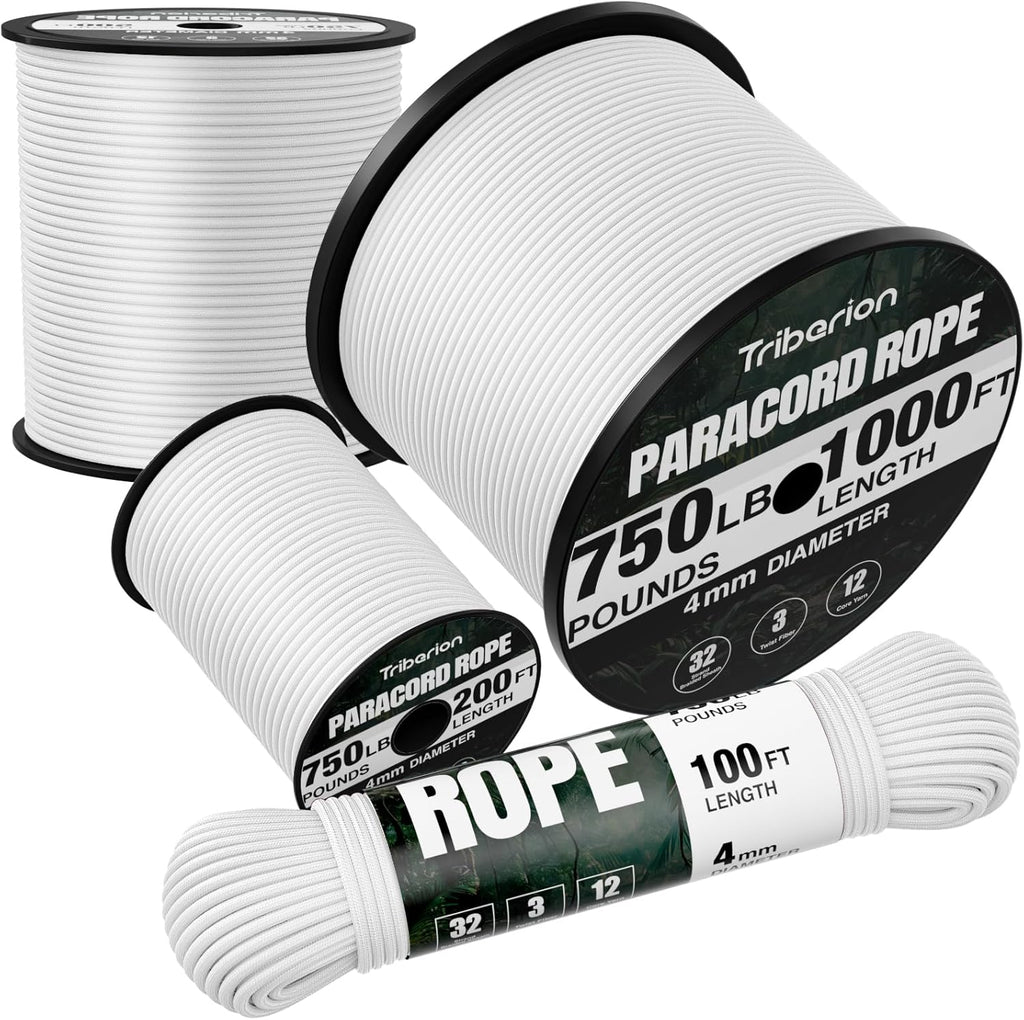 Paracord 750 lb - 100ft Heavy Duty 12-Strand Parachute Cord | Ideal for Camping, Survival Gear, and Crafts - White