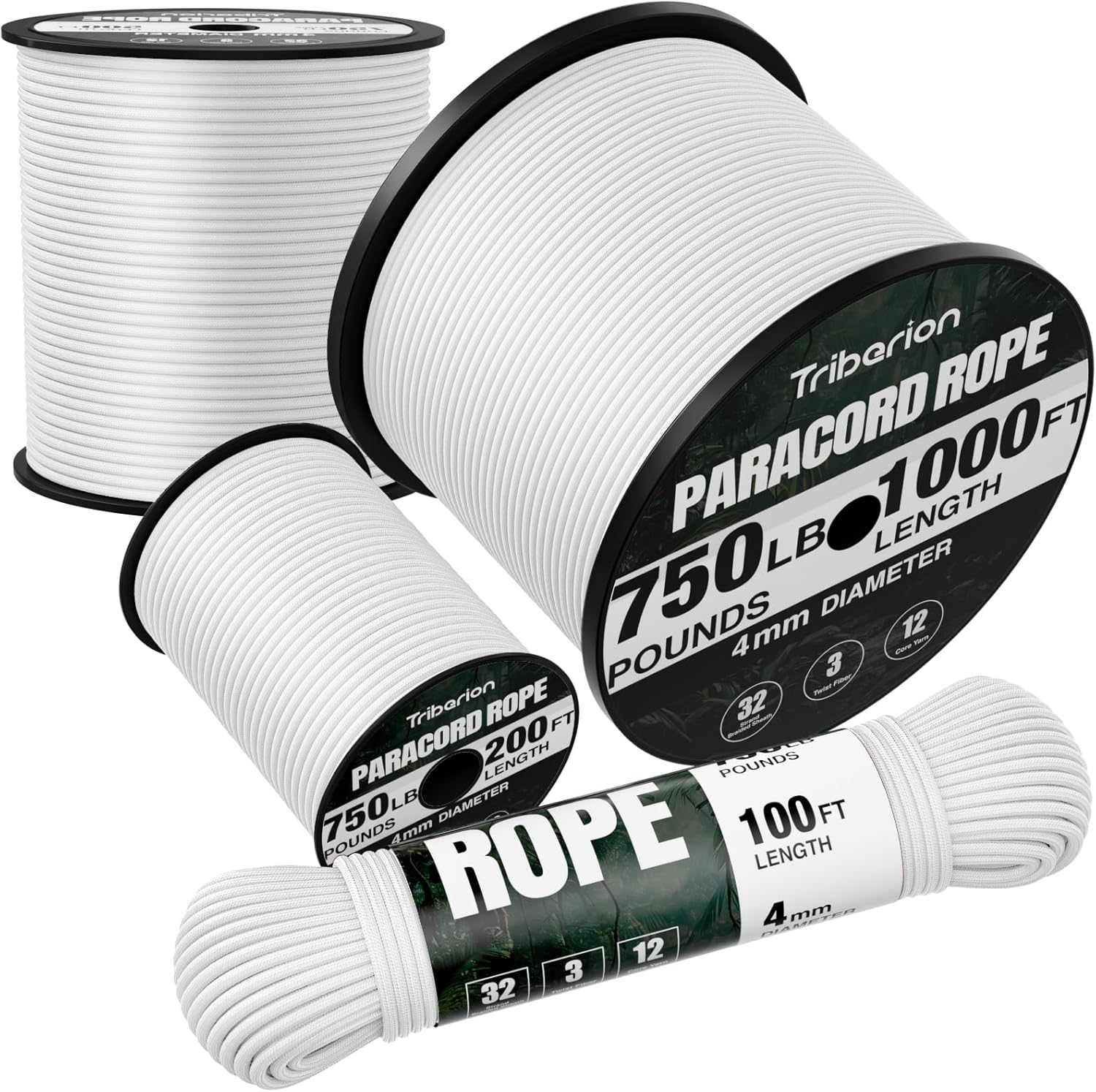 Paracord 750 lb - 100ft Heavy Duty 12-Strand Parachute Cord | Ideal for Camping, Survival Gear, and Crafts - White