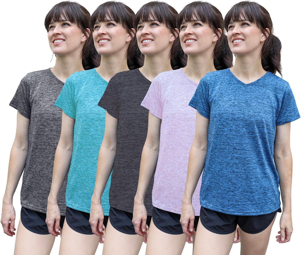 Skiennix Women's Dry-Fit V-Neck T-Shirts - 5 Pack Activewear for Running & Yoga