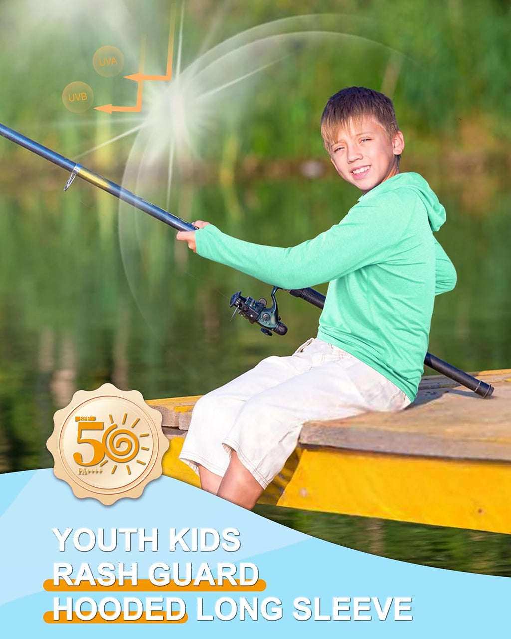 Roadbox Boys Rash Guard | UPF 50+ Long Sleeve Hoodie for Youth UV Sun Protection - Perfect for Fishing & Beach