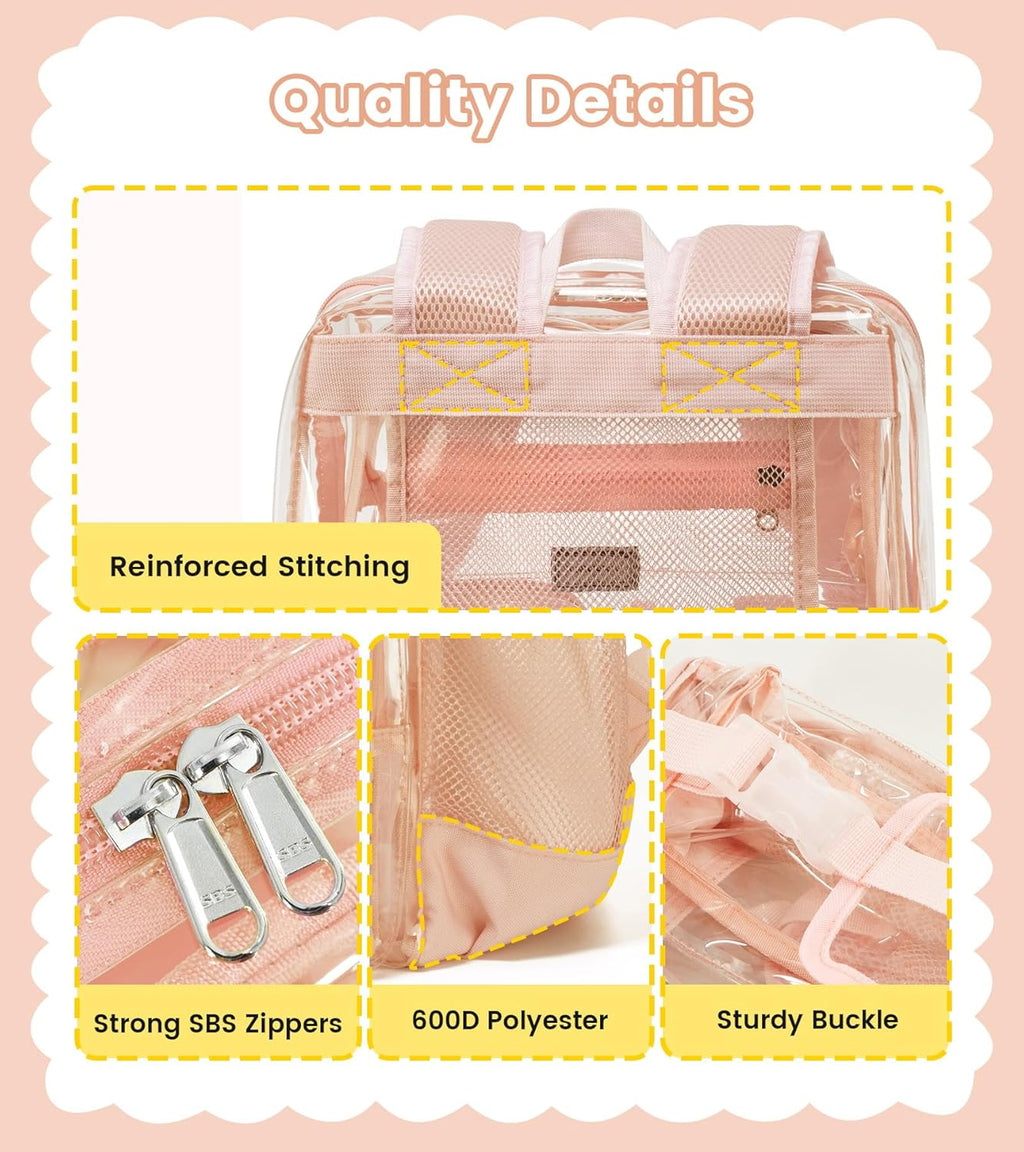 Vorspack Clear Backpack for School - Heavy Duty Transparent Bookbag for Girls Boys Extra Large See Through backpacks for Work, College, Travel - Pink
