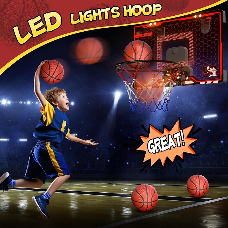 HopeRock LED Indoor Basketball Hoop - Over the Door Mini Hoop with Scoreboard (Variation: LED Lights)