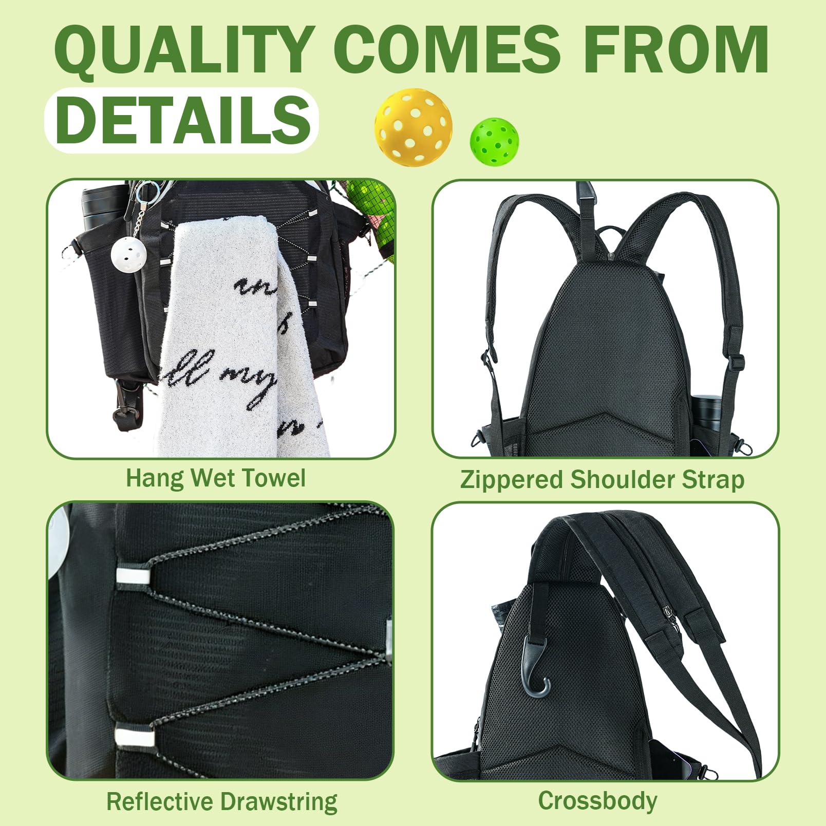 SWANSWIFT Pickleball Bag with Integrated Hook,18" x 10" Waterproof Sling Bags for Women for Men, Backpack & Crossbody Includes Storage Bag and Keychain (White)