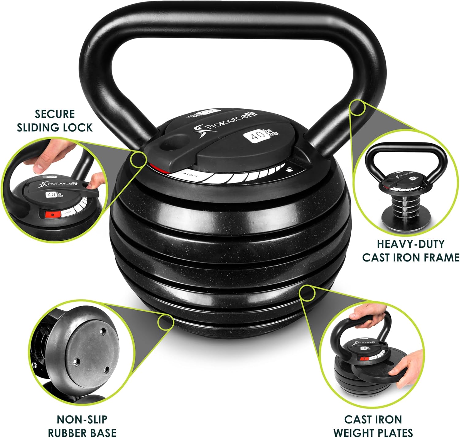 ProsourceFit Adjustable Kettlebell Weight Set - 40 lb Cast Iron for Home Gym Strength Training