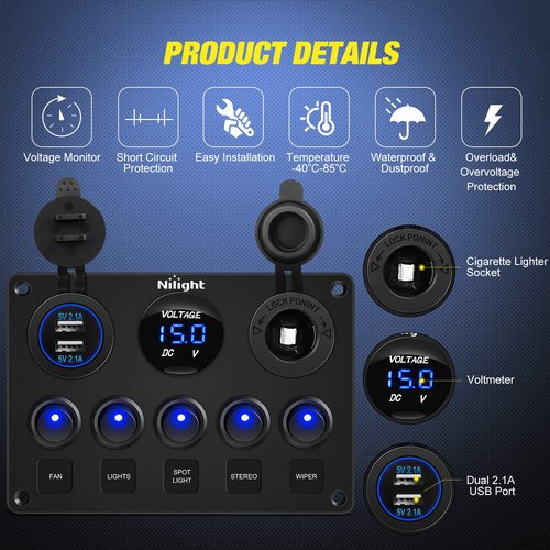 Nilight 90101E Multi-Function 5 Gang Rocker Switch Panel - Dual USB Charger & Digital Voltmeter for RV, Boat, Truck, Trailer - 12V Outlet with Circuit Breakers, Blue