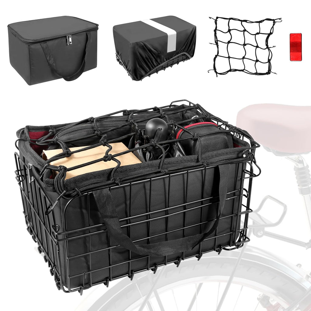 Riian Bike Basket Front/Rear, Thickened Shockproof Foldable Bicycle Basket with Waterproof Bag, Quick Release Design, Metal Bicycle Frame Basket for Adult Women Men