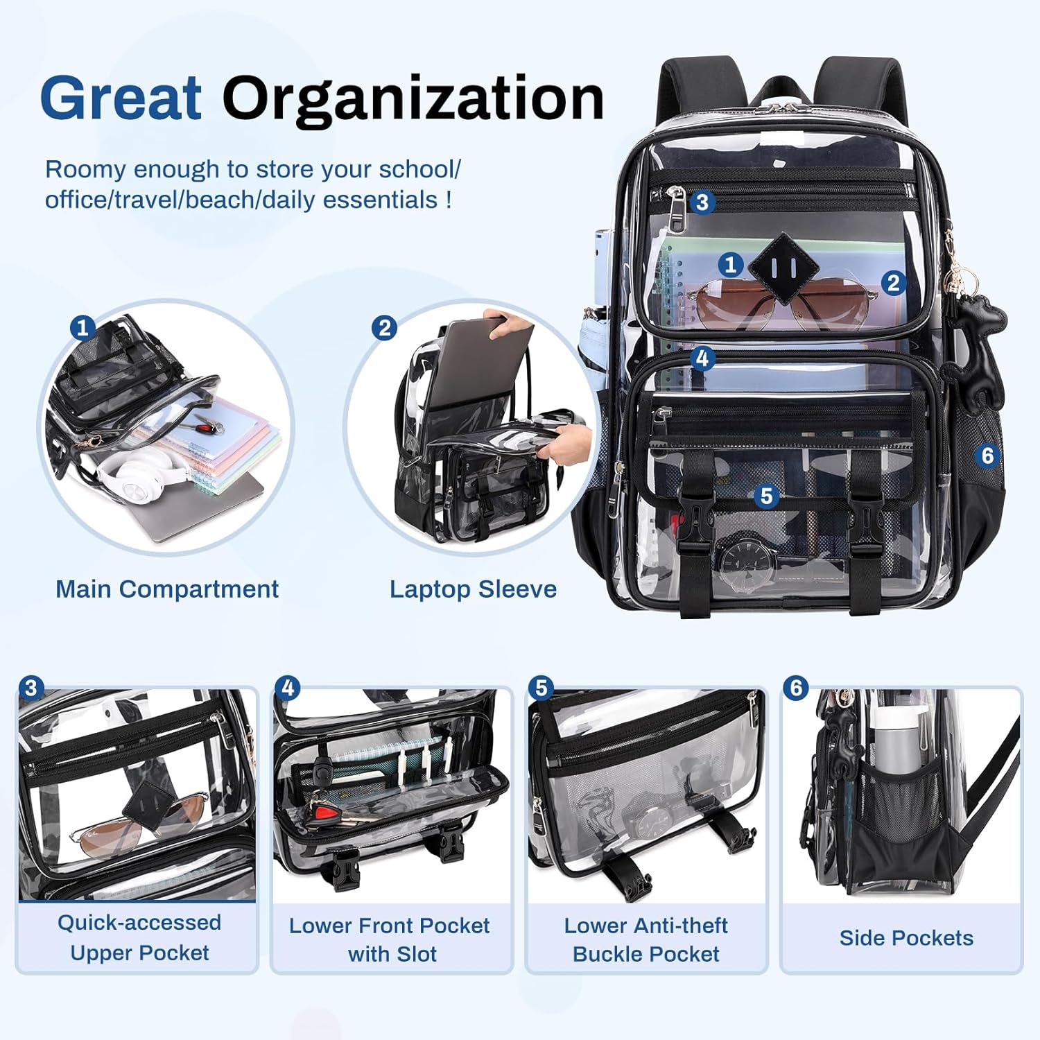 Sisipoet Clear Backpack for School, PVC Clear Bookbag Heavy Duty Transparent Backpack for Stadium Events See Through Bag