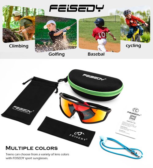 FEISEDY Kids Teens Baseball Polarized Sunglasses Lightweight TR90 Frame UV400 Sports Cycling Shades for Boys Girls B0186