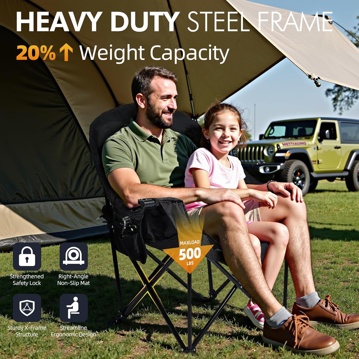 Skiennix Oversized Camping Chair - Heavy Duty Padded Folding Lawn Chair with Cup Holder | Supports 500lbs, All Black