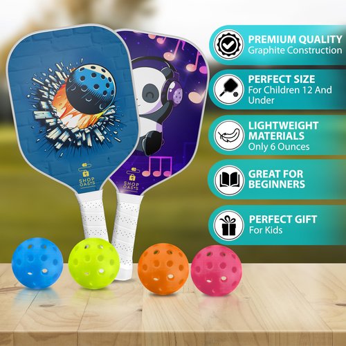Kids Pickleball Paddles (Set of 2), Child Size Paddles, Lightweight Honeycomb Core, Fiberglass Strike Face, 2 Youth Rackets with 4 Balls and Premium Zipper Bag (Blue)