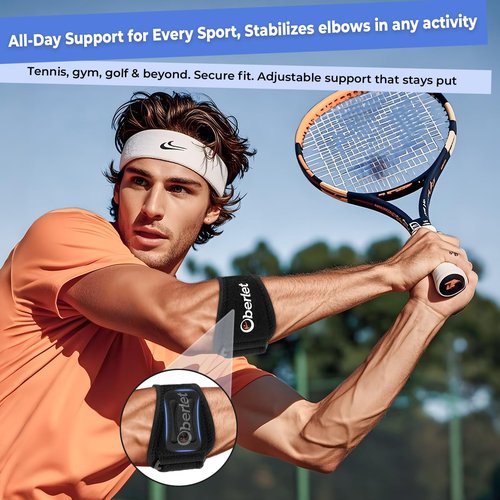 Oberlet Tennis Elbow Brace for Men Women with Tendonitis for Elbow Pain Relief - Adjustable Strap with Two Removable Gel Pads, Golfers Elbow Brace, Counterforce Arm Forearm Support Band - Black 1 Pack