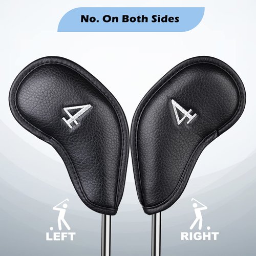 Craftsman Golf Magnetic Closure Classic Black Leather Iron Headcover Covers Set 10pcs with Silver No. on Both Sides for Left and Right Golfer (A: Black with Silver No.)