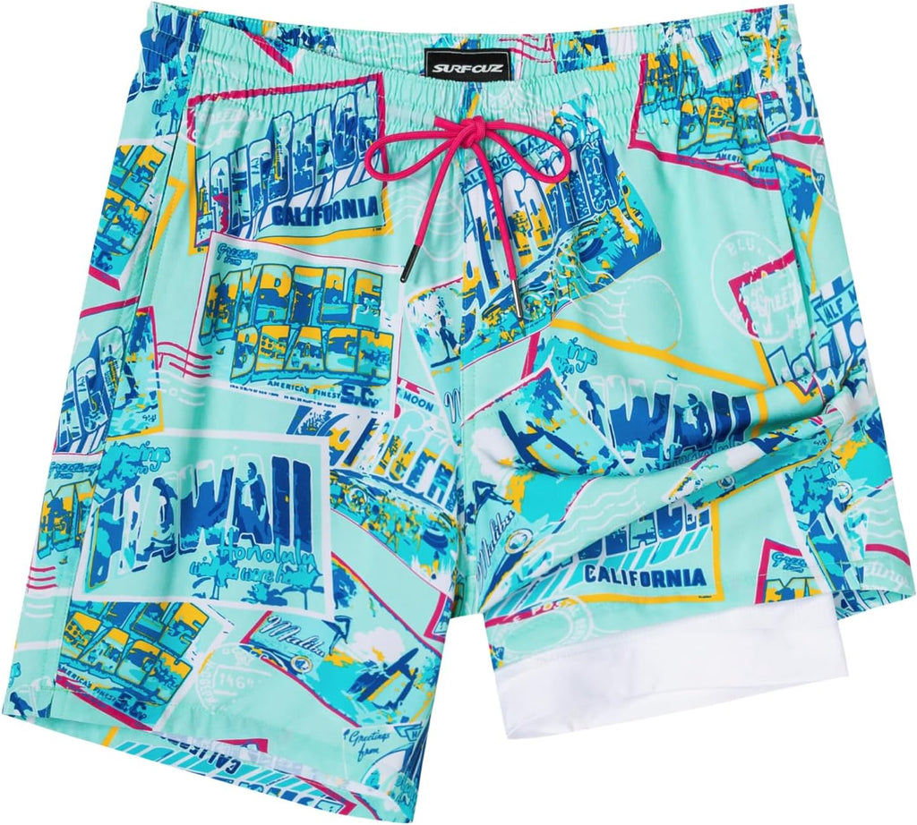 SURF CUZ Mens Swim Trunks with Compression Liner Swim Shorts 7" Swimming Trunks Stretch 7 Inch Swim Suits Quick Dry