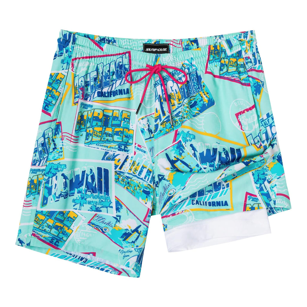 SURF CUZ Mens Swim Trunks with Compression Liner Quick Dry Swim Shorts 7" Swimming Trunks Stretch Bathing Suit 7 Inch,Beach Snapshot,S