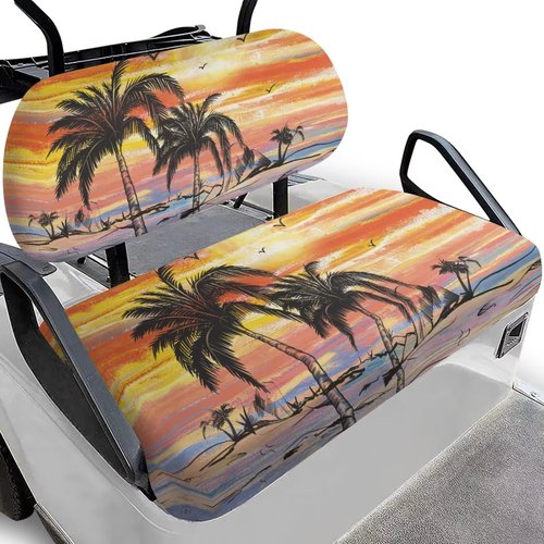 Renewold Women Men Golf Cart Seat Towel Blanket and Backrest Cover 2 Pack Set Elastic Cushion Covers Universal Fit Most 2 Person Seats Decor Accessories Coconut Tree Sunset Birds