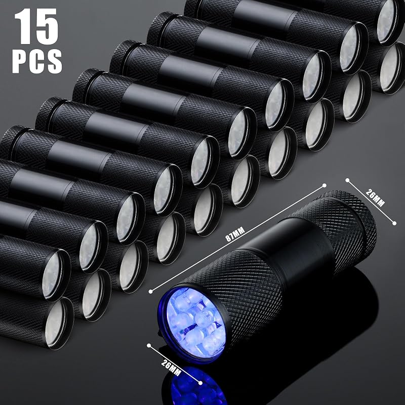 15 Pcs UV Blacklight Flashlights 395nm Mini LED Keychain Lights - 9 LED, 3x AAA (Variation of THIS listing: 15)