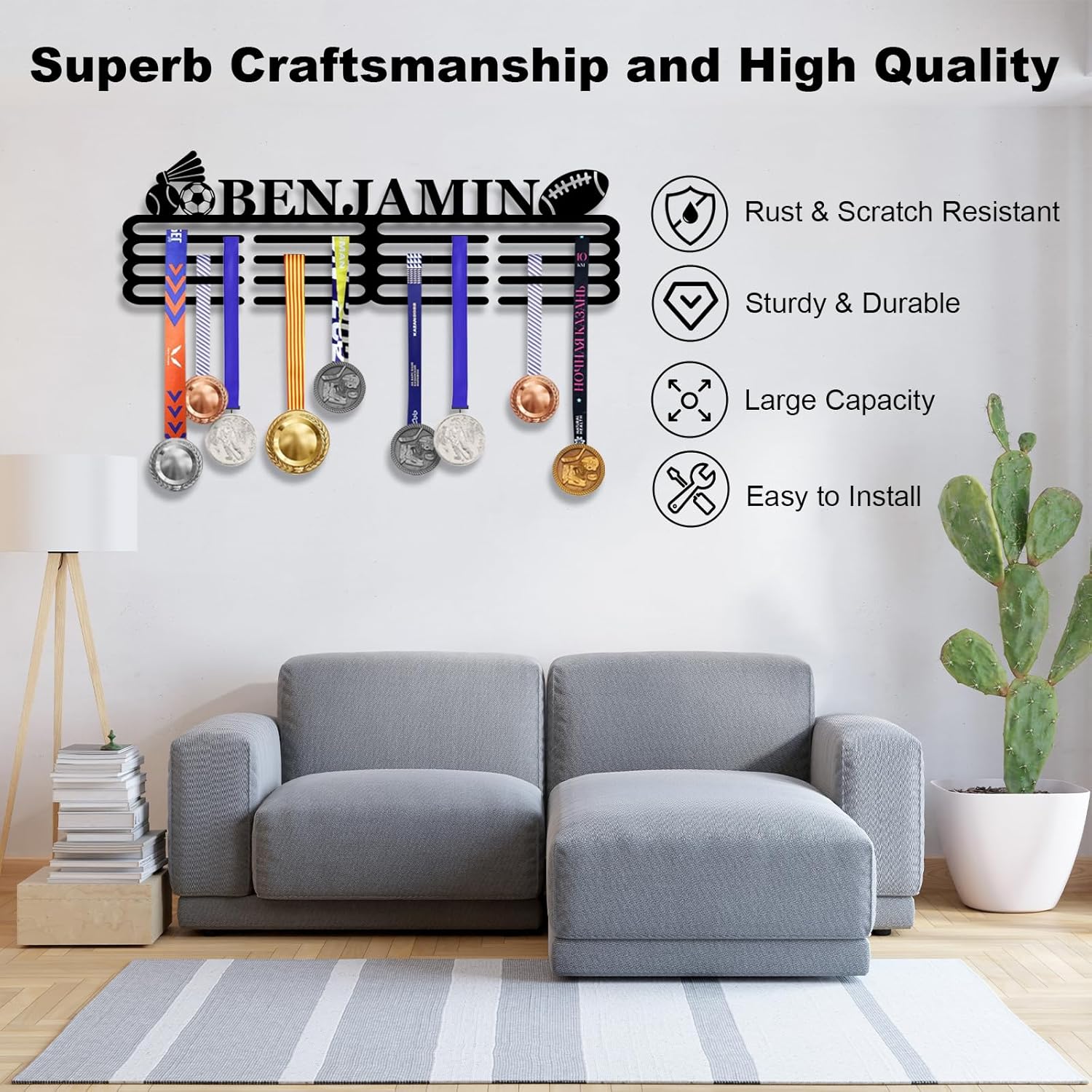 Skiennix Personalized Medal Hanger Display - Custom Name Wall Mount Trophy Shelf | Tiered Award Rack for Sports