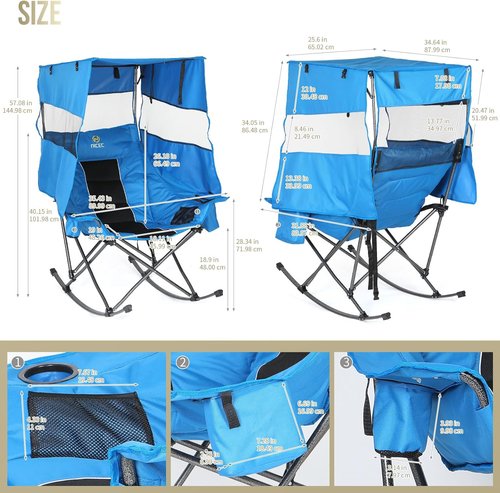 Nice C Rocking Camping Chair - XL Oversized Folding Rocker with Canopy & Cup Holder | Blue
