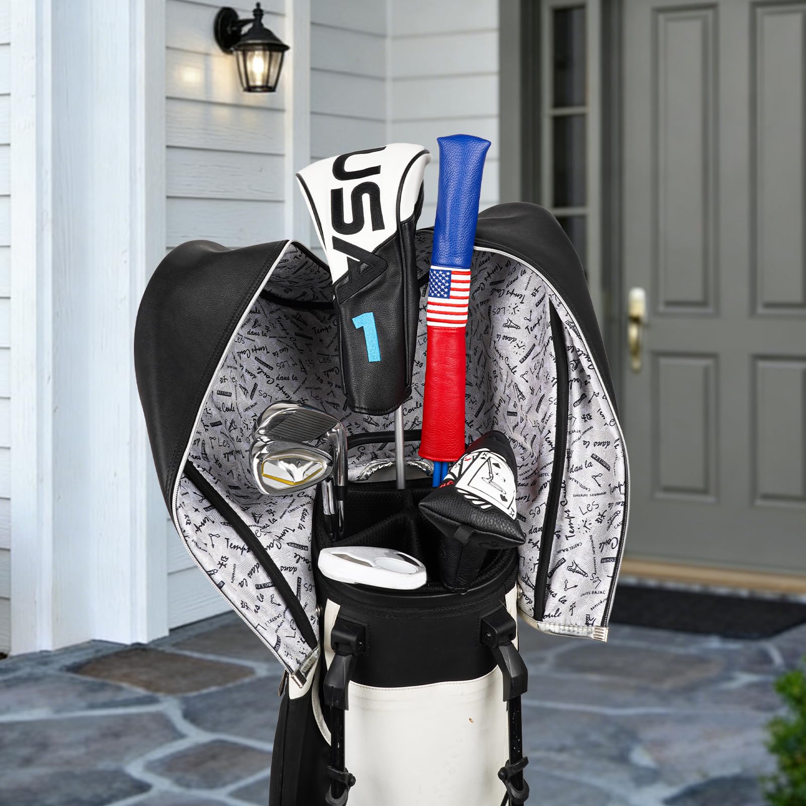 USA Golf Alignment Stick Headcover Synthetic Leather Holds 2-3 Sticks, Cover for Alignment Sticks Embroidered Flag Red/Blue/White