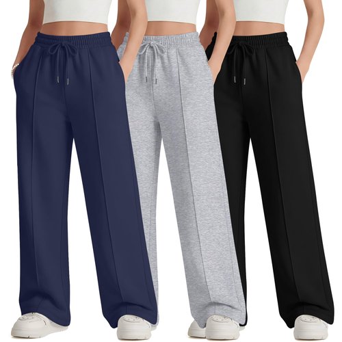 LessonZoo 3 Pack Girls Wide Leg Sweatpants Drawstring Baggy Pants Teen Girls Athletic Joggers Pants with Pockets 5-14Y(Navy Blue, Light Heather Gray, Black,11-12 Years)