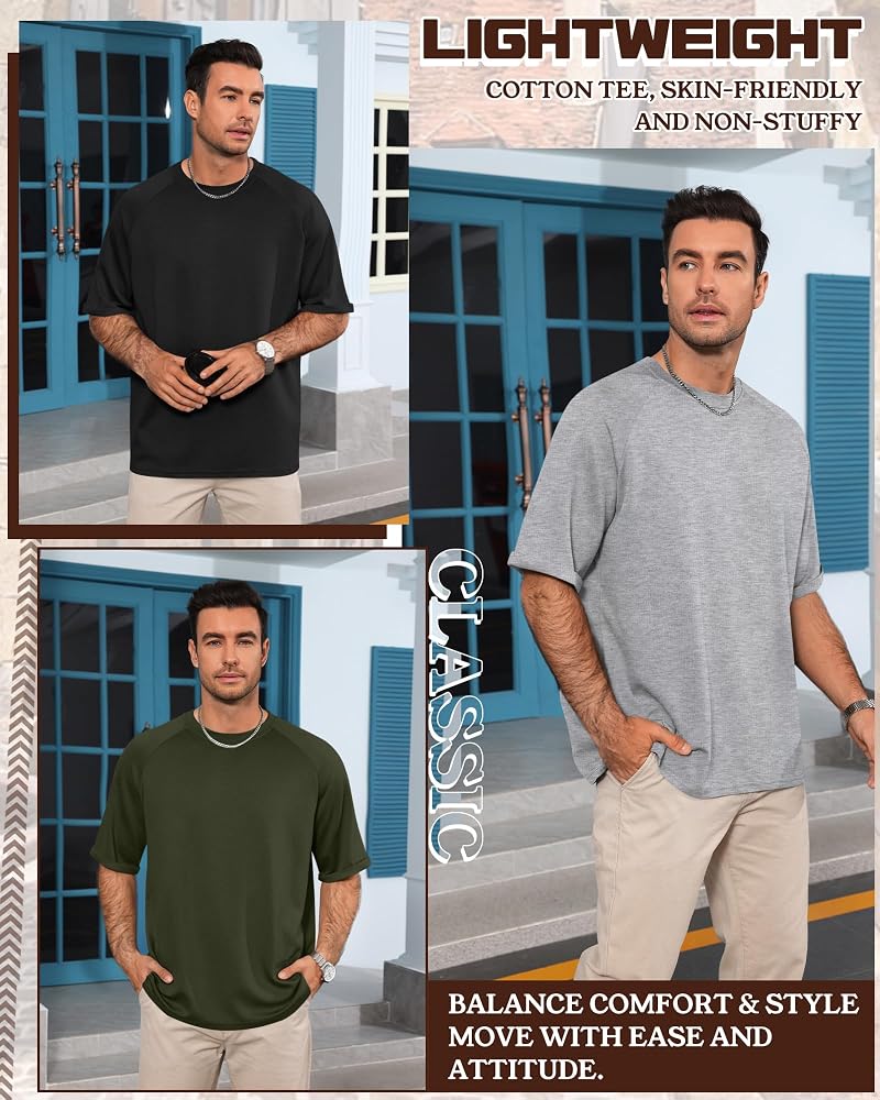 August Alley 3 Pack Mens Oversized T-Shirts - Black, Light Heather Gray, Army Green (Large)
