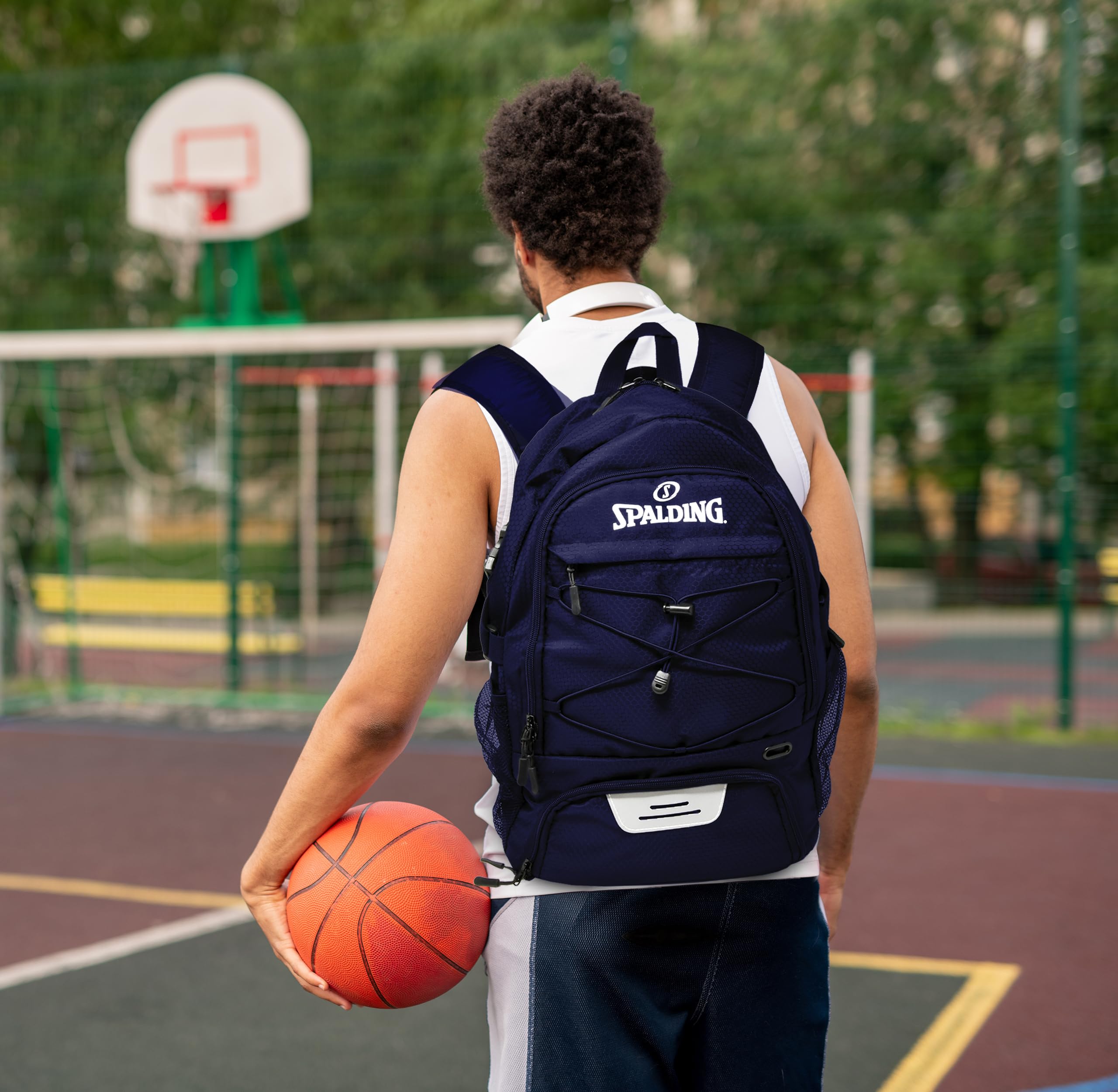 Spalding Basketball Backpack Sports Bag | Large Navy Backpack with Shoe and Ball Compartment | Use for Sport Accessories and Stuff | Basketball Gifts for Sports Players