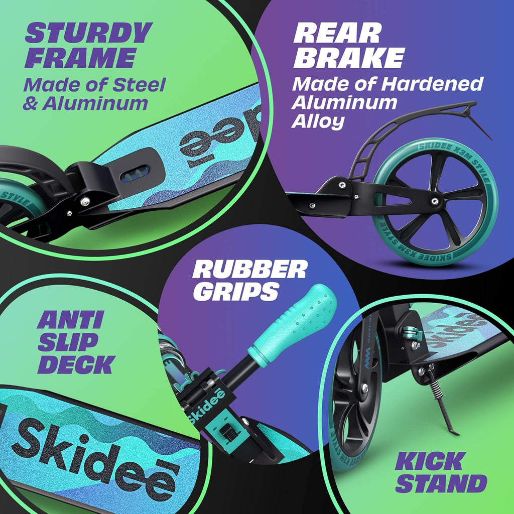 Skidee Scooter for Adults & Teens - Adjustable Height, Lightweight, Durable, Anti-Shock Suspension, Large Wheels, 220 lbs Capacity
