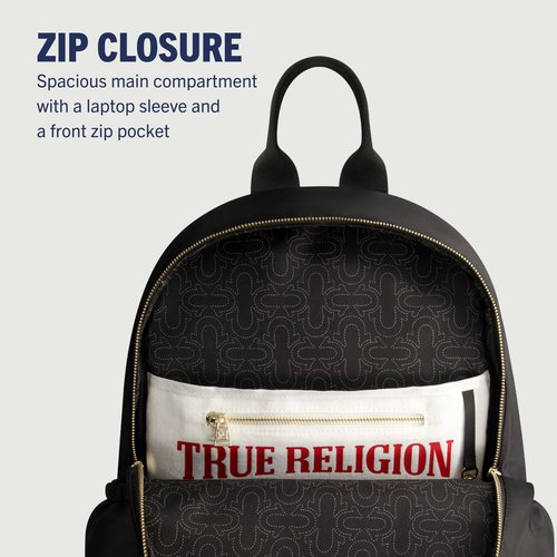 True Religion Backpack, Zip pocket, Horseshoe Logo Travel Bag, Black