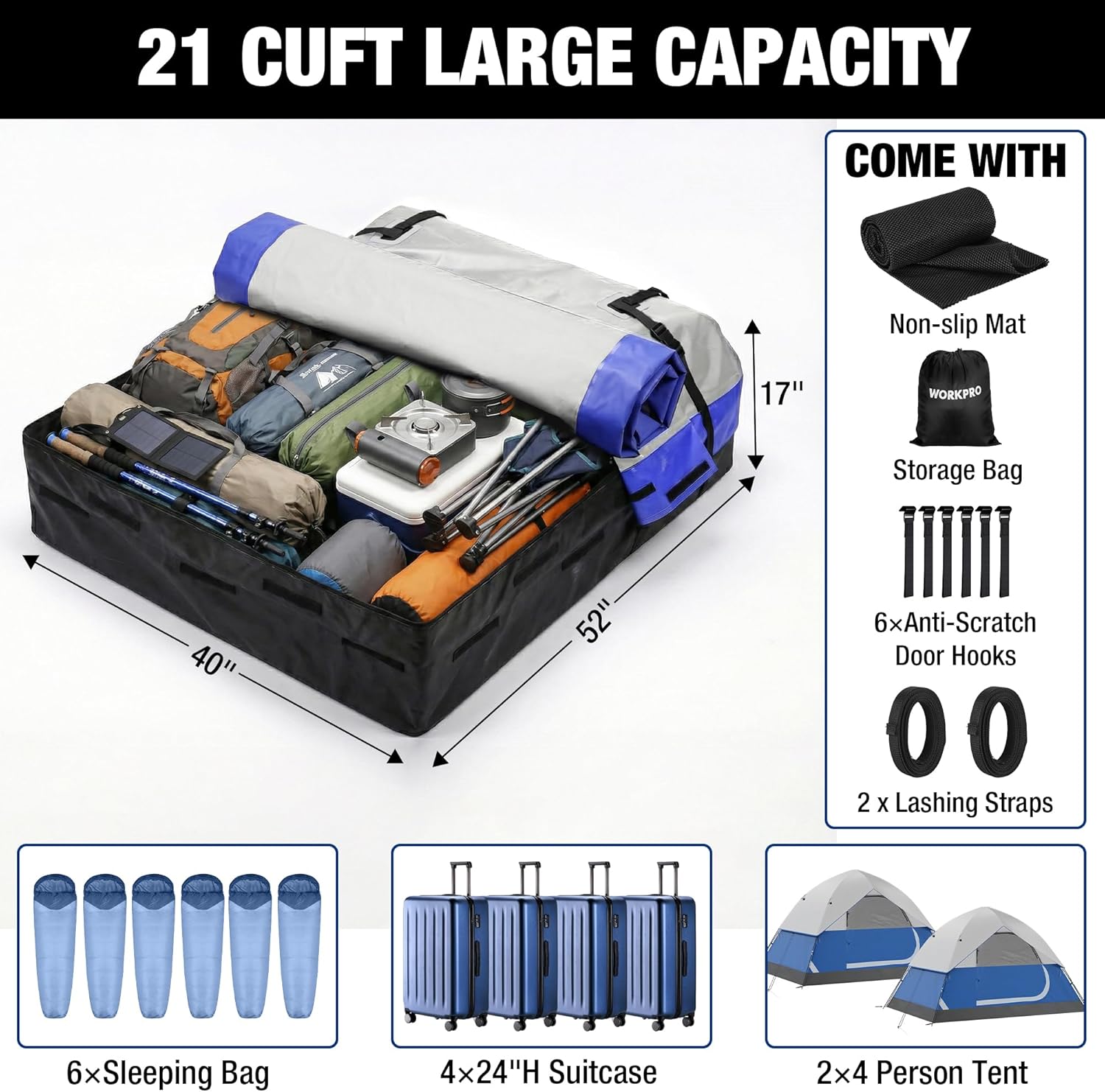 WORKPRO Rooftop Cargo Carrier - 21 Cubic Feet Waterproof Roof Bag with Anti-Slip Mat & Safety Hooks