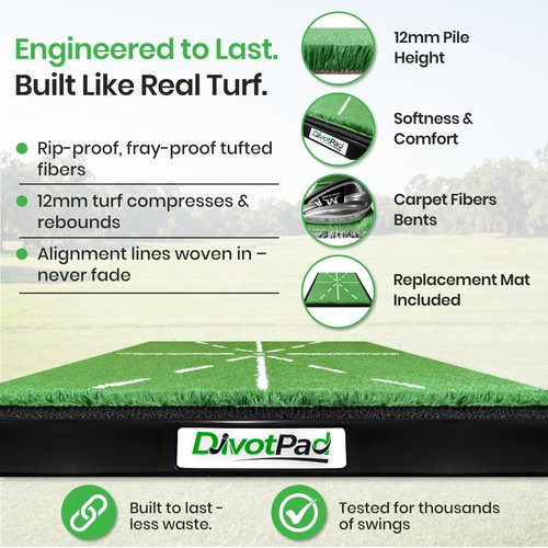 DivotPad Patented Golf Training Aid, Golf Mats Practice Indoor & Outdoor, Soft Fibre, Real Give, 5 lb, Woven Alignment, Extra Pad, Home Backyard Swing Trainer, Hitting Mat, Accessories Gift Men, Women