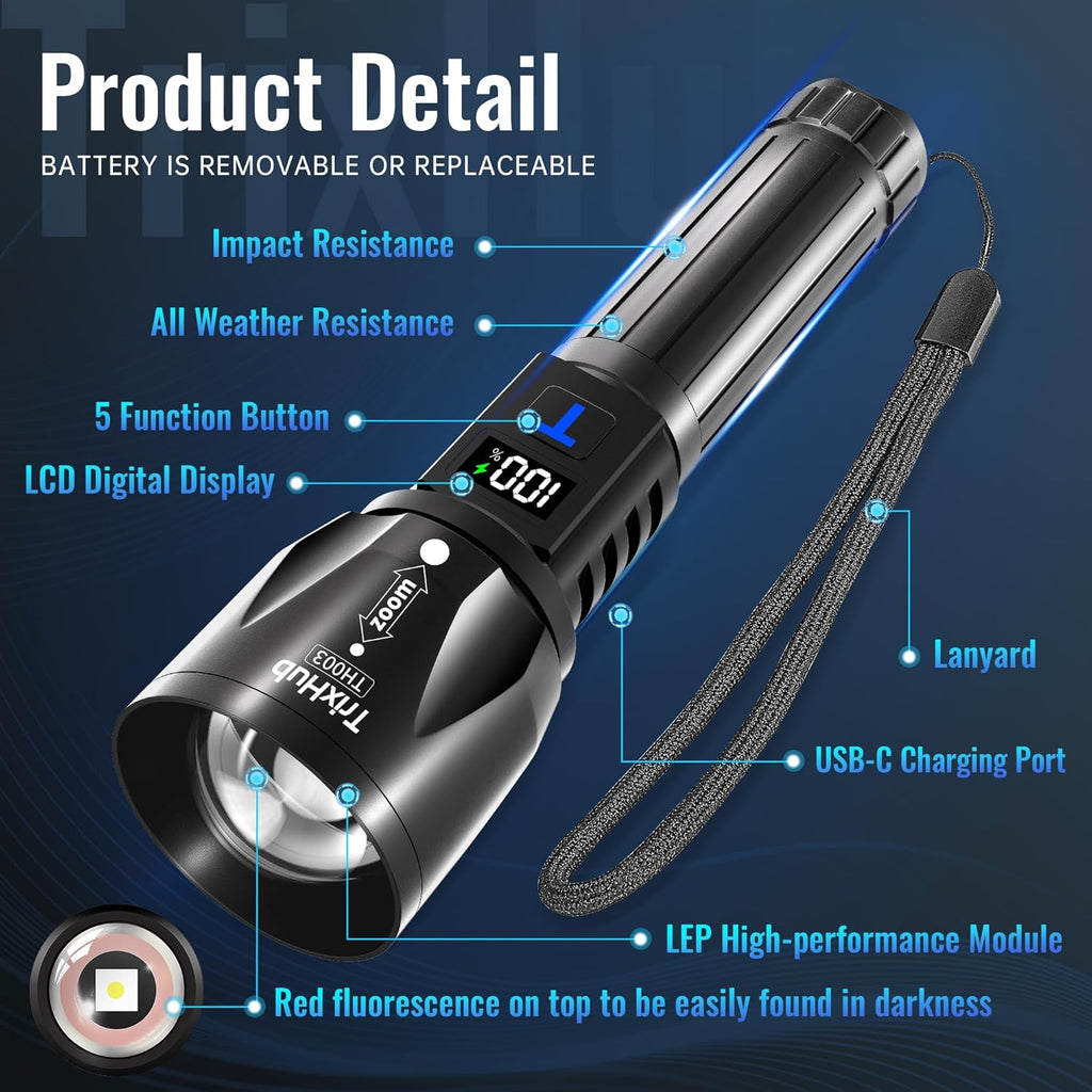 TrixHub Rechargeable Flashlights - 99,000 High Lumens | 5-Mode Tactical LED Light with LCD Display, 2-Pack